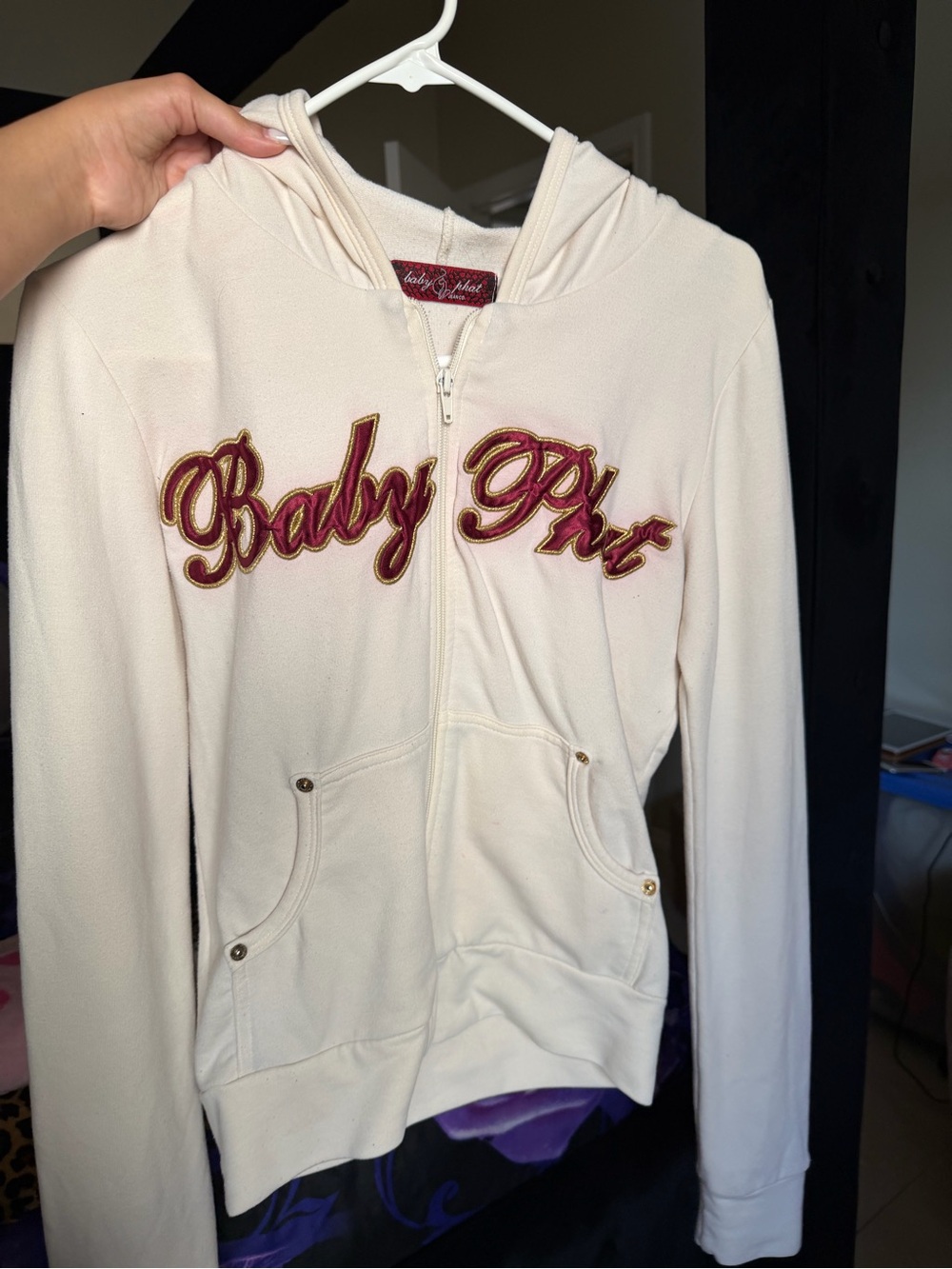 Baby Phat Cream Zip-Front Hoodie with Maroon Logo